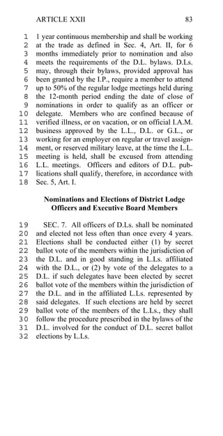 ARTICLE XXII                                        83

 1   1 year continuous membership and shall be working
 2   at the trade as defined in Sec. 4, Art. II, for 6
 3   months immediately prior to nomination and also
 4   meets the requirements of the D.L. bylaws. D.Ls.
 5   may, through their bylaws, provided approval has
 6   been granted by the I.P., require a member to attend
 7   up to 50% of the regular lodge meetings held during
 8   the 12-month period ending the date of close of
 9   nominations in order to qualify as an officer or
10   delegate. Members who are confined because of
11   verified illness, or on vacation, or on official I.A.M.
12   business approved by the L.L., D.L. or G.L., or
13   working for an employer on regular or travel assign-
14   ment, or reserved military leave, at the time the L.L.
15   meeting is held, shall be excused from attending
16   L.L. meetings. Officers and editors of D.L. pub-
17   lications shall qualify, therefore, in accordance with
18   Sec. 5, Art. I.

       Nominations and Elections of District Lodge
         Officers and Executive Board Members

19      SEC. 7. All officers of D.Ls. shall be nominated
20   and elected not less often than once every 4 years.
21   Elections shall be conducted either (1) by secret
22   ballot vote of the members within the jurisdiction of
23   the D.L. and in good standing in L.Ls. affiliated
24   with the D.L., or (2) by vote of the delegates to a
25   D.L. if such delegates have been elected by secret
26   ballot vote of the members within the jurisdiction of
27   the D.L. and in the affiliated L.Ls. represented by
28   said delegates. If such elections are held by secret
29   ballot vote of the members of the L.Ls., they shall
30   follow the procedure prescribed in the bylaws of the
31   D.L. involved for the conduct of D.L. secret ballot
32   elections by L.Ls.
 