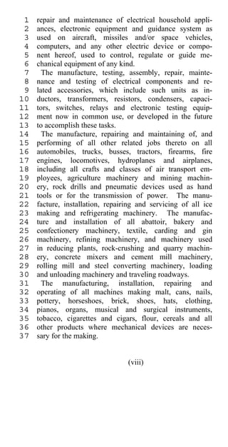 1   repair and maintenance of electrical household appli-
 2   ances, electronic equipment and guidance system as
 3   used on aircraft, missiles and/or space vehicles,
 4   computers, and any other electric device or compo-
 5   nent hereof, used to control, regulate or guide me-
 6   chanical equipment of any kind.
 7     The manufacture, testing, assembly, repair, mainte-
 8   nance and testing of electrical components and re-
 9   lated accessories, which include such units as in-
10   ductors, transformers, resistors, condensers, capaci-
11   tors, switches, relays and electronic testing equip-
12   ment now in common use, or developed in the future
13   to accomplish these tasks.
14     The manufacture, repairing and maintaining of, and
15   performing of all other related jobs thereto on all
16   automobiles, trucks, busses, tractors, firearms, fire
17   engines, locomotives, hydroplanes and airplanes,
18   including all crafts and classes of air transport em-
19   ployees, agriculture machinery and mining machin-
20   ery, rock drills and pneumatic devices used as hand
21   tools or for the transmission of power. The manu-
22   facture, installation, repairing and servicing of all ice
23   making and refrigerating machinery. The manufac-
24   ture and installation of all abattoir, bakery and
25   confectionery machinery, textile, carding and gin
26   machinery, refining machinery, and machinery used
27   in reducing plants, rock-crushing and quarry machin-
28   ery, concrete mixers and cement mill machinery,
29   rolling mill and steel converting machinery, loading
30   and unloading machinery and traveling roadways.
31     The manufacturing, installation, repairing and
32   operating of all machines making malt, cans, nails,
33   pottery, horseshoes, brick, shoes, hats, clothing,
34   pianos, organs, musical and surgical instruments,
35   tobacco, cigarettes and cigars, flour, cereals and all
36   other products where mechanical devices are neces-
37   sary for the making.


                                  (viii)
 