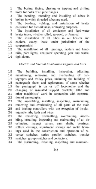1     The boring, facing, chasing or tapping and drilling
 2   holes for bolts of all pipe flanges.
 3     The bending, threading and installing of tubes in
 4   boilers in which threaded tubes are used.
 5     The bending, welding, and installation of heater
 6   coils used for fuel oil tanks, or heating purposes.
 7     The installation of all condenser and feed-water
 8   heater tubes, whether rolled, screwed, or ferruled.
 9     The installation of all tubes in oil heaters and
10   coolers, except those under jurisdiction of the
11   coppersmiths.
12     The installation of all gratings, ladders and hand-
13   rails, port lights, ventilator operating gear and water-
14   tight doors.

       Electric and Internal Combustion Engines and Cars

15     The building, installing, inspecting, adjusting,
16   maintaining, removing and overhauling of pan-
17   tographs and trolley poles, including the building of
18   pantograph shoes and replacement of same whether
19   the pantograph is on or off locomotive and the
20   changing of insulated support brackets; lathe and
21   other machinists’ work in connection with construc-
22   tion of pantographs.
23     The assembling, installing, inspecting, maintaining,
24   removing and overhauling of all parts of the main
25   and braking controllers with the exception of insulat-
26   ing materials, leads and wires.
27     The removing, dismantling, overhauling, assem-
28   bling, installing, inspecting and maintaining of all air
29   cylinders, magnet valves, cam shafts, bearings,
30   rollers, castings, adjustment springs and metal hous-
31   ings used in the construction and operation of re-
32   verser switches, series parallel switches, transfer
33   switches, group switches and contactors.
34     The assembling, installing, inspecting and maintain-

                                  (x)
 