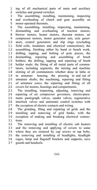 1   ing of all mechanical parts of main and auxiliary
 2   switches and ground switches.
 3     The assembling, installing, maintaining, inspecting
 4   and overhauling of clutch and gear assembly on
 5   motor operated rheostats.
 6     The assembling, installing, inspecting, maintaining,
 7   dismantling and overhauling of traction motors,
 8   blower motors, heater motors, rheostat motors, air
 9   compressor motors, motor generator sets, axle gener-
10   ators, control generators and slip rings (excluding
11   field coils, insulators and electrical connections); the
12   assembling, finishing either by hand or bench work,
13   drilling, tapping, and bolting of pole pieces; the
14   dismantling, repairing and assembling of brush
15   holders; the drilling, tapping and repairing of brush
16   holder studs; the fitting of all metal parts of commu-
17   tators, including segments; the turning and machine
18   slotting of all commutators whether done in lathe or
19   in armature housing; the pressing in and out of
20   armature shafts; the machining, repairing and fitting
21   of armature cores; the repairing and fitting of all
22   covers for motors, housings and compartments.
23     The installing, inspecting, adjusting, removing and
24   repairing of air compressor governors, electro-pneu-
25   matic pantograph valves, sander valves, regenerative
26   interlock valves and automatic control switches with
27   the exception of electric contacts and wiring.
28     The grinding, filing and repairing of grids and the
29   installing and removing of grid banks, with the
30   exception of making and breaking electrical connec-
31   tions.
32     The removing and installing of electric cab heaters
33   and the removing and applying of covers to same
34   where they are retained by cap screws or tap bolts;
35   the removing and installing of headlights, headlight
36   cages, lamp and flagstaff brackets and supports, eave
37   guards and handrails.


                                  (xi)
 