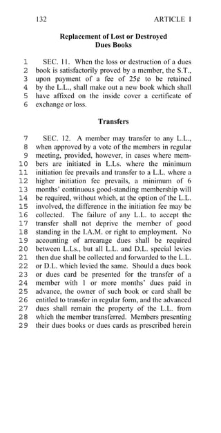 132                                      ARTICLE I

             Replacement of Lost or Destroyed
                      Dues Books

 1     SEC. 11. When the loss or destruction of a dues
 2   book is satisfactorily proved by a member, the S.T.,
 3   upon payment of a fee of 25¢ to be retained
 4   by the L.L., shall make out a new book which shall
 5   have affixed on the inside cover a certificate of
 6   exchange or loss.

                          Transfers

 7      SEC. 12. A member may transfer to any L.L.,
 8   when approved by a vote of the members in regular
 9   meeting, provided, however, in cases where mem-
10   bers are initiated in L.Ls. where the minimum
11   initiation fee prevails and transfer to a L.L. where a
12   higher initiation fee prevails, a minimum of 6
13   months’ continuous good-standing membership will
14   be required, without which, at the option of the L.L.
15   involved, the difference in the initiation fee may be
16   collected. The failure of any L.L. to accept the
17   transfer shall not deprive the member of good
18   standing in the I.A.M. or right to employment. No
19   accounting of arrearage dues shall be required
20   between L.Ls., but all L.L. and D.L. special levies
21   then due shall be collected and forwarded to the L.L.
22   or D.L. which levied the same. Should a dues book
23   or dues card be presented for the transfer of a
24   member with 1 or more months’ dues paid in
25   advance, the owner of such book or card shall be
26   entitled to transfer in regular form, and the advanced
27   dues shall remain the property of the L.L. from
28   which the member transferred. Members presenting
29   their dues books or dues cards as prescribed herein
 