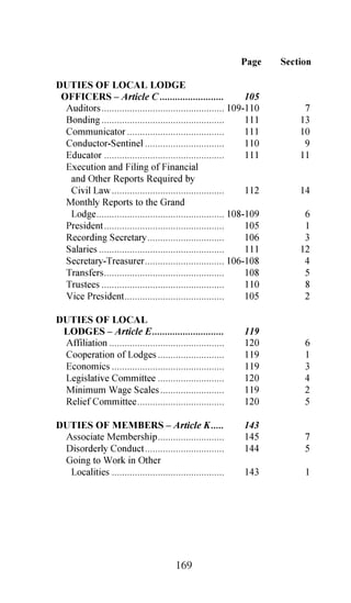 3DJH   6HFWLRQ
   $SSHDO IURP 'HFLVLRQ RI // RU '/                   
   $SSHDUDQFH                 
   $SSRLQWPHQW RI 7ULDO RPPLWWHH                  
   (YLGHQFH                
   ,PSURSHU RQGXFW RI D 0HPEHU                   
   ,PSURSHU RQGXFW RI 2IILFHUV
    5HSUHVHQWDWLYHV DQG 0HPEHUV                       
   ,PSURSHU RQGXFW RI 2IILFHUV DQG
    5HSUHVHQWDWLYHV                 
   1RWLILFDWLRQ WR // DQG '/                   
   5HSRUW RI 7ULDO RPPLWWHH                   
   5LJKWV RI 0HPEHU 'XULQJ $SSHDO                       
   7ULDO RI D 0HPEHU              
   7ULDO RI 2IILFHUV RU 5HSUHVHQ
    WDWLYHV          
   7ULDO 3URFHGXUH             
   9RWLQJ RQ 5HSRUW                 
281,/6 $1'
 21)(5(1(6 ¤ $UWLFOH ;;,                 
  $XGLWV                
  %ODZV                 
  *RYHUQPHQW                   
  3XUSRVH                  
'($7+ %(1(),76 ² $UWLFOH ;9                    
   $FFXPXODWLRQ DQG (OLJLELOLW                    
   RPSXWDWLRQ DQG 6FKHGXOH RI
    $PRXQWV               
   7R :KRP 3DLG                 




                                 167
 