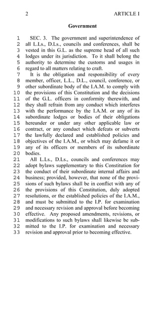2                                         ARTICLE I

                         Government

 1     SEC. 3. The government and superintendence of
 2   all L.Ls., D.Ls., councils and conferences, shall be
 3   vested in this G.L. as the supreme head of all such
 4   lodges under its jurisdiction. To it shall belong the
 5   authority to determine the customs and usages in
 6   regard to all matters relating to craft.
 7      It is the obligation and responsibility of every
 8   member, officer, L.L., D.L., council, conference, or
 9   other subordinate body of the I.A.M. to comply with
10   the provisions of this Constitution and the decisions
11   of the G.L. officers in conformity therewith, and
12   they shall refrain from any conduct which interferes
13   with the performance by the I.A.M. or any of its
14   subordinate lodges or bodies of their obligations
15   hereunder or under any other applicable law or
16   contract, or any conduct which defeats or subverts
17   the lawfully declared and established policies and
18   objectives of the I.A.M., or which may defame it or
19   any of its officers or members of its subordinate
20   bodies.
21     All L.Ls., D.Ls., councils and conferences may
22   adopt bylaws supplementary to this Constitution for
23   the conduct of their subordinate internal affairs and
24   business; provided, however, that none of the provi-
25   sions of such bylaws shall be in conflict with any of
26   the provisions of this Constitution, duly adopted
27   resolutions, or the established policies of the I.A.M.,
28   and must be submitted to the I.P. for examination
29   and necessary revision and approval before becoming
30   effective. Any proposed amendments, revisions, or
31   modifications to such bylaws shall likewise be sub-
32   mitted to the I.P. for examination and necessary
33   revision and approval prior to becoming effective.
 