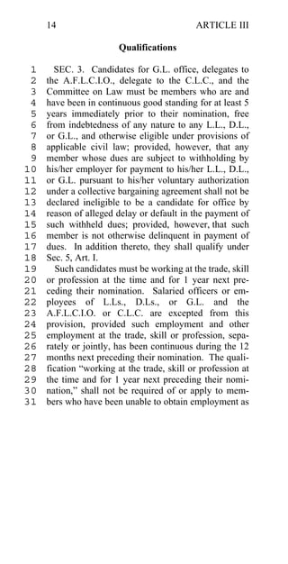 14                                     ARTICLE III

                        Qualifications

 1     SEC. 3. Candidates for G.L. office, delegates to
 2   the A.F.L.C.I.O., delegate to the C.L.C., and the
 3   Committee on Law must be members who are and
 4   have been in continuous good standing for at least 5
 5   years immediately prior to their nomination, free
 6   from indebtedness of any nature to any L.L., D.L.,
 7   or G.L., and otherwise eligible under provisions of
 8   applicable civil law; provided, however, that any
 9   member whose dues are subject to withholding by
10   his/her employer for payment to his/her L.L., D.L.,
11   or G.L. pursuant to his/her voluntary authorization
12   under a collective bargaining agreement shall not be
13   declared ineligible to be a candidate for office by
14   reason of alleged delay or default in the payment of
15   such withheld dues; provided, however, that such
16   member is not otherwise delinquent in payment of
17   dues. In addition thereto, they shall qualify under
18   Sec. 5, Art. I.
19      Such candidates must be working at the trade, skill
20   or profession at the time and for 1 year next pre-
21   ceding their nomination. Salaried officers or em-
22   ployees of L.Ls., D.Ls., or G.L. and the
23   A.F.L.C.I.O. or C.L.C. are excepted from this
24   provision, provided such employment and other
25   employment at the trade, skill or profession, sepa-
26   rately or jointly, has been continuous during the 12
27   months next preceding their nomination. The quali-
28   fication “working at the trade, skill or profession at
29   the time and for 1 year next preceding their nomi-
30   nation,” shall not be required of or apply to mem-
31   bers who have been unable to obtain employment as
 