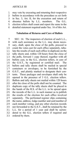 ARTICLE III                                          21

 1   may vote by executing and returning their respective
 2   ballots in accordance with the procedure as set forth
 3   in Sec. 3, Art. II, for the execution and return of
 4   absentee ballots by L.L. members. The G.L.
 5   election tellers shall count and report the same in the
 6   detailed statement required under Sec. 16 of this Art.

         Tabulation of Returns and Care of Ballots

 7     SEC. 14. The inspectors of election of each L.L.,
 8   with such assistance as the L.L. may deem neces-
 9   sary, shall, upon the close of the polls, proceed to
10   count the votes cast for each office separately, tabu-
11   late the results of each such office in duplicate on the
12   tally sheets and, within 120 hours from the close of
13   the polls, forward 1 copy thereof, together with all
14   ballots cast, to the G.L. election tellers, in care of
15   the G.S.T., by registered or certified mail. The
16   ballots and tally sheets shall be mailed in special
17   containers or envelopes, to be furnished by the
18   G.S.T., and plainly marked to designate their con-
19   tents. These packages and envelopes shall only be
20   opened in the presence of 3 G.L. election tellers.
21   Ballots and tally sheets not mailed within 120 hours
22   after the close of the polls shall not be counted. The
23   duplicate copy of the tally sheets shall be placed in
24   the hands of the R.S. of the L.L. to be spread upon
25   the records of the L.L. in such manner as to publish
26   the results of the election for each office involved
27   separately. The perforated register slips containing
28   the name, address, lodge number and card number of
29   each member voting, and any other election records
30   not forwarded to the G.S.T., shall be retained by the
31   L.L. for a period of 1 year and shall be surren-
32   dered to the G.L. election tellers if required and
33   ordered by them.
 