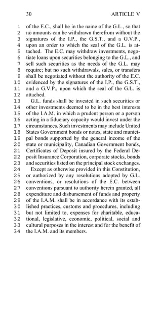 30                                       ARTICLE V

 1   of the E.C., shall be in the name of the G.L., so that
 2   no amounts can be withdrawn therefrom without the
 3   signatures of the I.P., the G.S.T., and a G.V.P.,
 4   upon an order to which the seal of the G.L. is at-
 5   tached. The E.C. may withdraw investments, nego-
 6   tiate loans upon securities belonging to the G.L., and
 7   sell such securities as the needs of the G.L. may
 8   require; but no such withdrawals, sales, or transfers
 9   shall be negotiated without the authority of the E.C.
10   evidenced by the signatures of the I.P., the G.S.T.,
11   and a G.V.P., upon which the seal of the G.L. is
12   attached.
13      G.L. funds shall be invested in such securities or
14   other investments deemed to be in the best interests
15   of the I.A.M. in which a prudent person or a person
16   acting in a fiduciary capacity would invest under the
17   circumstances. Such investments may include United
18   States Government bonds or notes, state and munici-
19   pal bonds supported by the general income of the
20   state or municipality, Canadian Government bonds,
21   Certificates of Deposit insured by the Federal De-
22   posit Insurance Corporation, corporate stocks, bonds
23   and securities listed on the principal stock exchanges.
24      Except as otherwise provided in this Constitution,
25   or authorized by any resolutions adopted by G.L.
26   conventions, or resolutions of the E.C. between
27   conventions pursuant to authority herein granted, all
28   expenditure and disbursement of funds and property
29   of the I.A.M. shall be in accordance with its estab-
30   lished practices, customs and procedures, including
31   but not limited to, expenses for charitable, educa-
32   tional, legislative, economic, political, social and
33   cultural purposes in the interest and for the benefit of
34   the I.A.M. and its members.
 