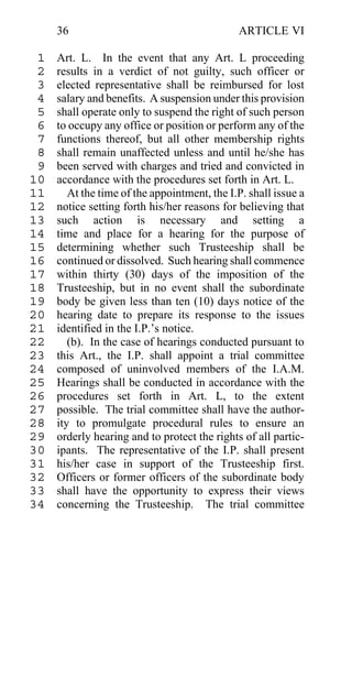 36                                       ARTICLE VI

 1   Art. L. In the event that any Art. L proceeding
 2   results in a verdict of not guilty, such officer or
 3   elected representative shall be reimbursed for lost
 4   salary and benefits. A suspension under this provision
 5   shall operate only to suspend the right of such person
 6   to occupy any office or position or perform any of the
 7   functions thereof, but all other membership rights
 8   shall remain unaffected unless and until he/she has
 9   been served with charges and tried and convicted in
10   accordance with the procedures set forth in Art. L.
11      At the time of the appointment, the I.P. shall issue a
12   notice setting forth his/her reasons for believing that
13   such action is necessary and setting a
14   time and place for a hearing for the purpose of
15   determining whether such Trusteeship shall be
16   continued or dissolved. Such hearing shall commence
17   within thirty (30) days of the imposition of the
18   Trusteeship, but in no event shall the subordinate
19   body be given less than ten (10) days notice of the
20   hearing date to prepare its response to the issues
21   identified in the I.P.’s notice.
22      (b). In the case of hearings conducted pursuant to
23   this Art., the I.P. shall appoint a trial committee
24   composed of uninvolved members of the I.A.M.
25   Hearings shall be conducted in accordance with the
26   procedures set forth in Art. L, to the extent
27   possible. The trial committee shall have the author-
28   ity to promulgate procedural rules to ensure an
29   orderly hearing and to protect the rights of all partic-
30   ipants. The representative of the I.P. shall present
31   his/her case in support of the Trusteeship first.
32   Officers or former officers of the subordinate body
33   shall have the opportunity to express their views
34   concerning the Trusteeship. The trial committee
 