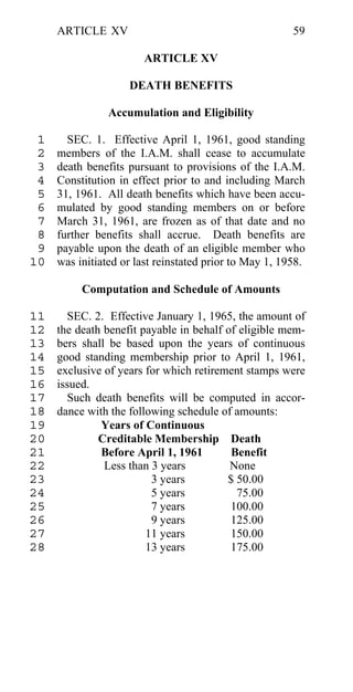 ARTICLE XV                                         59

                       ARTICLE XV

                    DEATH BENEFITS

                Accumulation and Eligibility

 1     SEC. 1. Effective April 1, 1961, good standing
 2   members of the I.A.M. shall cease to accumulate
 3   death benefits pursuant to provisions of the I.A.M.
 4   Constitution in effect prior to and including March
 5   31, 1961. All death benefits which have been accu-
 6   mulated by good standing members on or before
 7   March 31, 1961, are frozen as of that date and no
 8   further benefits shall accrue. Death benefits are
 9   payable upon the death of an eligible member who
10   was initiated or last reinstated prior to May 1, 1958.

          Computation and Schedule of Amounts

11     SEC. 2. Effective January 1, 1965, the amount of
12   the death benefit payable in behalf of eligible mem-
13   bers shall be based upon the years of continuous
14   good standing membership prior to April 1, 1961,
15   exclusive of years for which retirement stamps were
16   issued.
17     Such death benefits will be computed in accor-
18   dance with the following schedule of amounts:
19            Years of Continuous
20            Creditable Membership Death
21            Before April 1, 1961        Benefit
22             Less than 3 years          None
23                       3 years         $ 50.00
24                       5 years           75.00
25                       7 years          100.00
26                       9 years          125.00
27                      11 years          150.00
28                      13 years          175.00
 
