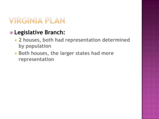 Virginia PlanLegislative Branch:2 houses, both had representation determined by populationBoth houses, the larger states had more representation 