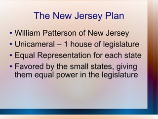 The New Jersey Plan William Patterson of New Jersey Unicameral – 1 house of legislature Equal Representation for each state Favored by the small states, giving them equal power in the legislature 