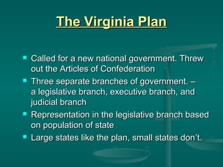 The Virginia Plan








Called for a new national government. Threw
out the Articles of Confederation
Three separate branches of government. –
a legislative branch, executive branch, and
judicial branch
Representation in the legislative branch based
on population of state
Large states like the plan, small states don ’t.

 