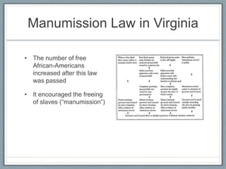 Manumission Law in Virginia
• The number of free
African-Americans
increased after this law
was passed
• It encouraged the freeing
of slaves (“manumission”)
 