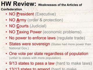 • NO President (Executive)
• NO Army (order & protection)
• NO Courts (Judicial)
• NO Taxing Power (economic problems)
• No power to enforce laws (regulate trade)
• States were sovereign (States had more power than
National Gov.)
• One vote per state regardless of population
(unfair to states with more population)
• 9/13 states to pass a law (hard to make laws)
HW Review: Weaknesses of the Articles of
Confederation
 