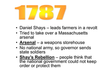 • Daniel Shays – leads farmers in a revolt
• Tried to take over a Massachusetts
arsenal
• Arsenal – a weapons storehouse
• No national army, so governor sends
state soldiers
• Shay’s Rebellion – people think that
the national government could not keep
order or protect them
 