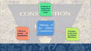 Making of
the Indian
Constitution
Problems of
Integration
of Princely
States
•Partition
on the basis
of religious
differences
• Diverse
group of
population
 