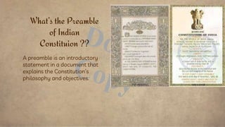 A preamble is an introductory
statement in a document that
explains the Constitution’s
philosophy and objectives.
What’s the Preamble
of Indian
Constituion ??
 