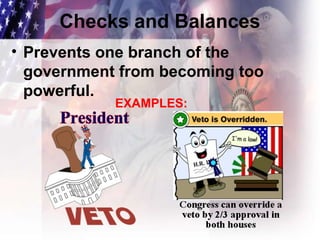 Checks and Balances
• Prevents one branch of the
government from becoming too
powerful.
EXAMPLES: