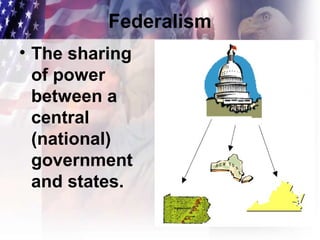 Federalism
• The sharing
of power
between a
central
(national)
government
and states.
