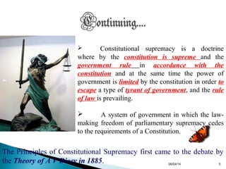  Constitutional supremacy is a doctrine
where by the constitution is supreme and the
government rule in accordance with the
constitution and at the same time the power of
government is limited by the constitution in order to
escape a type of tyrant of government, and the rule
of law is prevailing.
 A system of government in which the law-
making freedom of parliamentary supremacy cedes
to the requirements of a Constitution.
The Principles of Constitutional Supremacy first came to the debate by
the Theory of A V Dicey in 1885. 06/04/14 5
 