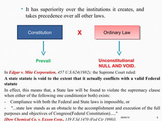 In Edgar v. Mite Corporation, 457 U.S.624(1982); the Supreme Court ruled:
A state statute is void to the extent that it actually conflicts with a valid Federal
statute
In effect, this means that, a State law will be found to violate the supremacy clause
when either of the following one condition(or both) exists:
- Compliance with both the Federal and State laws is impossible, or
- "...state law stands as an obstacle to the accomplishment and execution of the full
purposes and objectives of Congress(Federal Constitution)....."
[Dow Chemical Co. v. Exxon Corp., 139 F.3d 1470 (Fed Cir 1998)]
 It has superiority over the institutions it creates, and
takes precedence over all other laws.
Constitution Ordinary LawOrdinary LawX
Prevail Unconstitutional
NULL AND VOID.
06/04/14 6
 