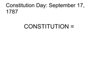 Constitution Day: September 17,
1787
CONSTITUTION =
RULES FOR THE GOVERNMENT
 