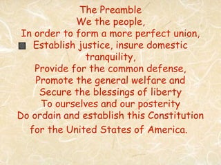 The Preamble
             We the people,
 In order to form a more perfect union,
    Establish justice, insure domestic
                tranquility,
    Provide for the common defense,
    Promote the general welfare and
     Secure the blessings of liberty
     To ourselves and our posterity
Do ordain and establish this Constitution
   for the United States of America.
 