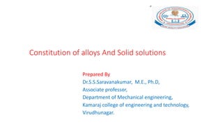 Constitution of alloys And Solid solutions
Prepared By
Dr.S.S.Saravanakumar, M.E., Ph.D,
Associate professor,
Department of Mechanical engineering,
Kamaraj college of engineering and technology,
Virudhunagar.
 