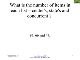 What is the number of items in each list – center's, state's and concurrent ?  97, 66 and 47. 