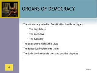 ORGANS OF DEMOCRACY

      The democracy in Indian Constitution has three organs:

           The Legislature

           The Executive

           The Judiciary

      The Legislature makes the Laws

      The Executive implements them

      The Judiciary interprets laws and decides disputes

      



13
                                                                10/26/12
 