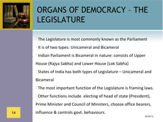 ORGANS OF DEMOCRACY – THE
     LEGISLATURE

      The Legislature is most commonly known as the Parliament

      It is of two types: Unicameral and Bicameral

      Indian Parliament is Bicameral in nature: consists of Upper 

     House (Rajya Sabha) and Lower House (Lok Sabha)
      States of India has both types of Legislature – Unicameral and 

     Bicameral
      The most important function of the Legislature is framing laws.

      Other functions include  electing of head of state (President), 

     Prime Minister and Council of Ministers, choose office bearers, 
14   influence & controls govt. behaviours.
                                                                   10/26/12
 