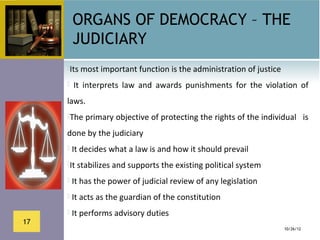 ORGANS OF DEMOCRACY – THE
      JUDICIARY
     Its most important function is the administration of justice

       It  interprets  law  and  awards  punishments  for  the  violation  of 

     laws. 
     The primary objective of protecting the rights of the individual   is 

     done by the judiciary 
      It decides what a law is and how it should prevail

     It stabilizes and supports the existing political system

      It has the power of judicial review of any legislation

      It acts as the guardian of the constitution

      It performs advisory duties
17
                                                                       10/26/12
 