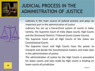 JUDICIAL PROCESS IN THE
         ADMINISTRATION OF JUSTICE
         Judiciary  is  the  main  source  of  judicial  process  and  plays  an 
          important part in the administration of justice
         Judiciary  has  set  up  a  hierarchical  system  of  courts  in  India, 
          namely,  the  Supreme  Court  of  India  (Apex  court),  High  Courts 
          and the Divisional/ District / Tribunal Courts (Lower Courts)
         The  Supreme  Court  and  all  High  Courts  of  the  states  are 
          Constitutional Courts
         The  Supreme  Court  and  High  Courts  have  the  power  to 
          interpret and decide the Constitutional matters and make laws 
          in the administration of justice
         The  administration  of  justice  by  the  High  Courts  is  precedent 
          for  lower  courts  and  laws  made  by  High  courts  is  binding  on 
19        lower courts of jurisdiction
                                                                        10/26/12
 