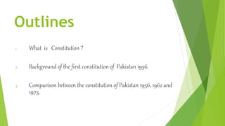Outlines
1. What is Constitution ?
2. Background of the first constitution of Pakistan 1956.
3. Comparison between the constitution of Pakistan 1956, 1962 and
1973.
 