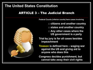 The United States Constitution
ARTICLE 3 – The Judicial Branch
Federal Courts (inferior courts) here cases involving
⌂ citizens and another country
⌂ states and another country
⌂ Any other cases where the
US government is a party
Trial by jury is for all cases besides
impeachment
Treason is defined here – waging war
against the US and giving aid to
anyone who does this
Congress decides punishment, but
cannot take away their civil rights
 