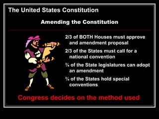 The United States Constitution
Amending the Constitution
2/3 of BOTH Houses must approve
and amendment proposal
2/3 of the States must call for a
national convention
¾ of the State legislatures can adopt
an amendment
¾ of the States hold special
conventions
Congress decides on the method used
 