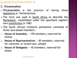 C. Tricameralism
 Tricameralism is the practice of having three
legislative or Parliamentary
 The term was used in South Africa to describe the
Parliament established under the apartheid regime's
new constitution in 1983
 The South African trilateral parliament consisted of
three race-based chambers:
1. House of Assembly — 178 members, reserved for
whites
2. House of Representatives — 85 members, reserved
for coloured, or mixed-race, people
3. House of Delegates — 45 members, reserved for
Asians
mica.fikrie@yahoo.com
 