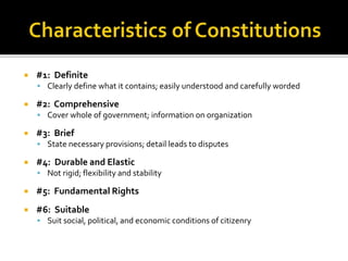  #1: Definite
 Clearly define what it contains; easily understood and carefully worded
 #2: Comprehensive
 Cover whole of government; information on organization
 #3: Brief
 State necessary provisions; detail leads to disputes
 #4: Durable and Elastic
 Not rigid; flexibility and stability
 #5: Fundamental Rights
 #6: Suitable
 Suit social, political, and economic conditions of citizenry
 