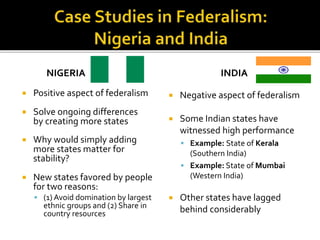 NIGERIA
 Positive aspect of federalism
 Solve ongoing differences
by creating more states
 Why would simply adding
more states matter for
stability?
 New states favored by people
for two reasons:
 (1) Avoid domination by largest
ethnic groups and (2) Share in
country resources
INDIA
 Negative aspect of federalism
 Some Indian states have
witnessed high performance
 Example: State of Kerala
(Southern India)
 Example: State of Mumbai
(Western India)
 Other states have lagged
behind considerably
 