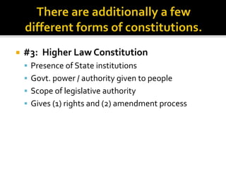  #3: Higher Law Constitution
 Presence of State institutions
 Govt. power / authority given to people
 Scope of legislative authority
 Gives (1) rights and (2) amendment process
 