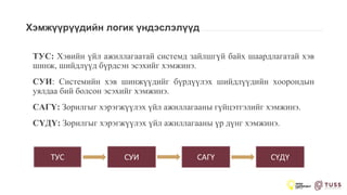 Хэмжүүрүүдийн логик үндэслэлүүд
ТУС: Хэвийн үйл ажиллагаатай системд зайлшгүй байх шаардлагатай хэв
шинж, шийдлүүд бүрдсэн эсэхийг хэмжинэ.
СУИ: Системийн хэв шинжүүдийг бүрдүүлэх шийдлүүдийн хоорондын
уялдаа бий болсон эсэхийг хэмжинэ.
САГҮ: Зорилгыг хэрэгжүүлэх үйл ажиллагааны гүйцэтгэлийг хэмжинэ.
СҮДҮ: Зорилгыг хэрэгжүүлэх үйл ажиллагааны үр дүнг хэмжинэ.
ТУС СУИ САГҮ СҮДҮ
 