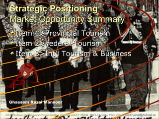 Strategic PositioningStrategic Positioning::
Market Opportunity SummaryMarket Opportunity Summary
Item 1>Provincial TourismItem 1>Provincial Tourism
Item 2>Federal TourismItem 2>Federal Tourism
Item 3>Int'l Tourism & BusinessItem 3>Int'l Tourism & Business
Ghassem Rezai Mansoor
PAZ-Paddon Development Constitution TunnelPAZ-Paddon Development Constitution Tunnel SALES TEAMSALES TEAM 2013-14 Sales Plan. Email:2013-14 Sales Plan. Email: paz4Tunnel@hotmail.capaz4Tunnel@hotmail.ca
 