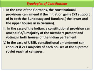 Typologies of Constitutions
II. In the case of the Germans, the constitutional
provisions can amend if the initiation gains 2/3 support
of in both the Bundestag and Bundara.( the lower and
the upper houses in in German).
III. In the case of the Indian, a constitutional provision can
amend if 2/3 majority of the members present and
voting in both houses of the Indian parliament.
IV. In the case of USSR, constitutional amendment can
conduct if 2/3 majority of each houses of the supreme
soviet reach at censuses.
40
 