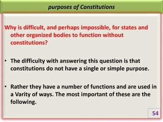 purposes of Constitutions
Why is difficult, and perhaps impossible, for states and
other organized bodies to function without
constitutions?
• The difficulty with answering this question is that
constitutions do not have a single or simple purpose.
• Rather they have a number of functions and are used in
a Varity of ways. The most important of these are the
following.
54
 