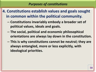 Purposes of constitutions
4. Constitutions establish values and goals sought
in common within the political community.
– Constitutions invariably embody a broader set of
political values, ideals and goals.
– The social, political and economic philosophical
orientations are always lay down in the constitution.
– This is why constitutions cannot be neutral; they are
always entangled, more or less explicitly, with
ideological priorities.
58
 