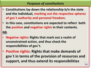 Purposes of constitutions
• Constitutions lay down the relationship b/n the state
and the individual, marking out the respective spheres
of gov`t authority and personal freedom.
• In this case, constitutions are expected to reflect both
the positive and negative rights in their contents.
NB.
• Negative rights: Rights that mark out a realm of
unconstrained action, and thus check the
responsibilities of gov`t.
• Positive rights: Rights that make demands of
gov`t in terms of the provision of resources and
support, and thus extend its responsibilities
61
 
