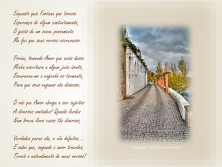 Enquanto quis Fortuna que tivesse
Esperança de algum contentamento,
O gosto de um suave pensamento
Me fez que seus versos escrevesse.
Porém, temendo Amor que aviso desse
Minha escritura a algum juízo isento,
Escureceu-me o engenho co tormento,
Para que seus enganos não dissesse.
Ó vós que Amor obriga a ser sujeitos
A diversas vontades! Quando lerdes
Num breve livro casos tão diversos,
Verdades puras são, e não defeitos...
E sabei que, segundo o amor tiverdes,
Tereis o entendimento de meus versos!
Fotografia: José Morais Sarmento
 