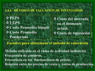 3.4.4. MÉTODOS DE VALUACIÓN DE INVENTARIOS
PEPS
UEPS
Costo Promedio Simple
Costo Promedio
Ponderado
Costo del mercado
en el momento
actual.
Costo de reposición
Factores para seleccionar el método de valoración
Método utilizado en el ramo de actividad industrial.
Frecuencia de compras.
Frecuencia en las fluctuaciones de precio.
Relación entre los precios de venta y costos de producción.
 