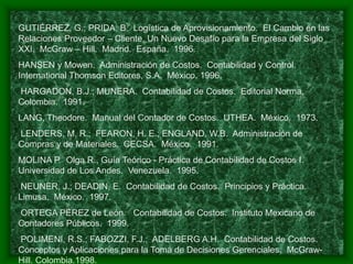 GUTIÉRREZ, G.; PRIDA, B. Logística de Aprovisionamiento. El Cambio en las
Relaciones Proveedor – Cliente, Un Nuevo Desafío para la Empresa del Siglo
XXI. McGraw – Hill. Madrid. España. 1996.
HANSEN y Mowen. Administración de Costos. Contabilidad y Control.
International Thomson Editores, S.A. México. 1996.
HARGADON, B.J.; MUNERA. Contabilidad de Costos. Editorial Norma,
Colombia. 1991.
LANG, Theodore. Manual del Contador de Costos. UTHEA. México. 1973.
LENDERS, M. R.; FEARON, H. E.; ENGLAND, W.B. Administración de
Compras y de Materiales. CECSA. México. 1991.
MOLINA P. Olga R., Guía Teórico - Práctica de Contabilidad de Costos I.
Universidad de Los Andes. Venezuela. 1995.
NEUNER, J.; DEADIN, E. Contabilidad de Costos. Principios y Práctica.
Limusa. México. 1997.
ORTEGA PÉREZ de León. Contabilidad de Costos. Instituto Mexicano de
Contadores Públicos. 1999.
POLIMENI, R.S.; FABOZZI, F.J.; ADELBERG A.H. Contabilidad de Costos.
Conceptos y Aplicaciones para la Toma de Decisiones Gerenciales. McGraw-
Hill. Colombia.1998.
 