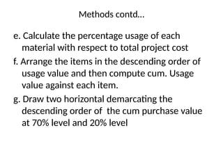 Methods contd…
e. Calculate the percentage usage of each
material with respect to total project cost
f. Arrange the items in the descending order of
usage value and then compute cum. Usage
value against each item.
g. Draw two horizontal demarcating the
descending order of the cum purchase value
at 70% level and 20% level
 