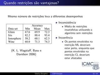 . 
Resultados Experimentais 
Descoberta de pista utilizando GPS 
(K. Wagstaff et al. 2001) 
Sibelius Seraphini COP-Kmeans 10 / 14 
 